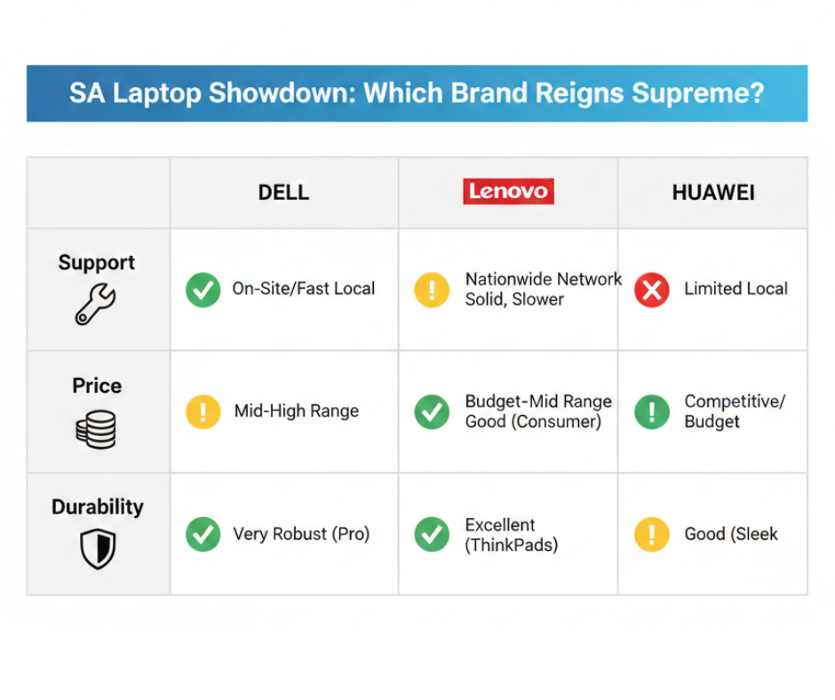 Comparison table of best laptop brands in South Africa 2026